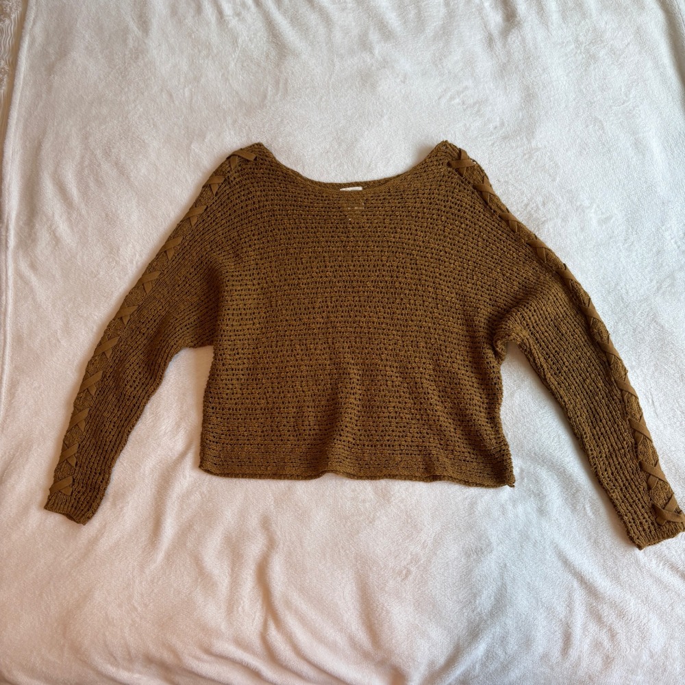 Billabong Brown Open Knit Lace Up Sleeve Sweater Boho Coastal Cowgirl Small